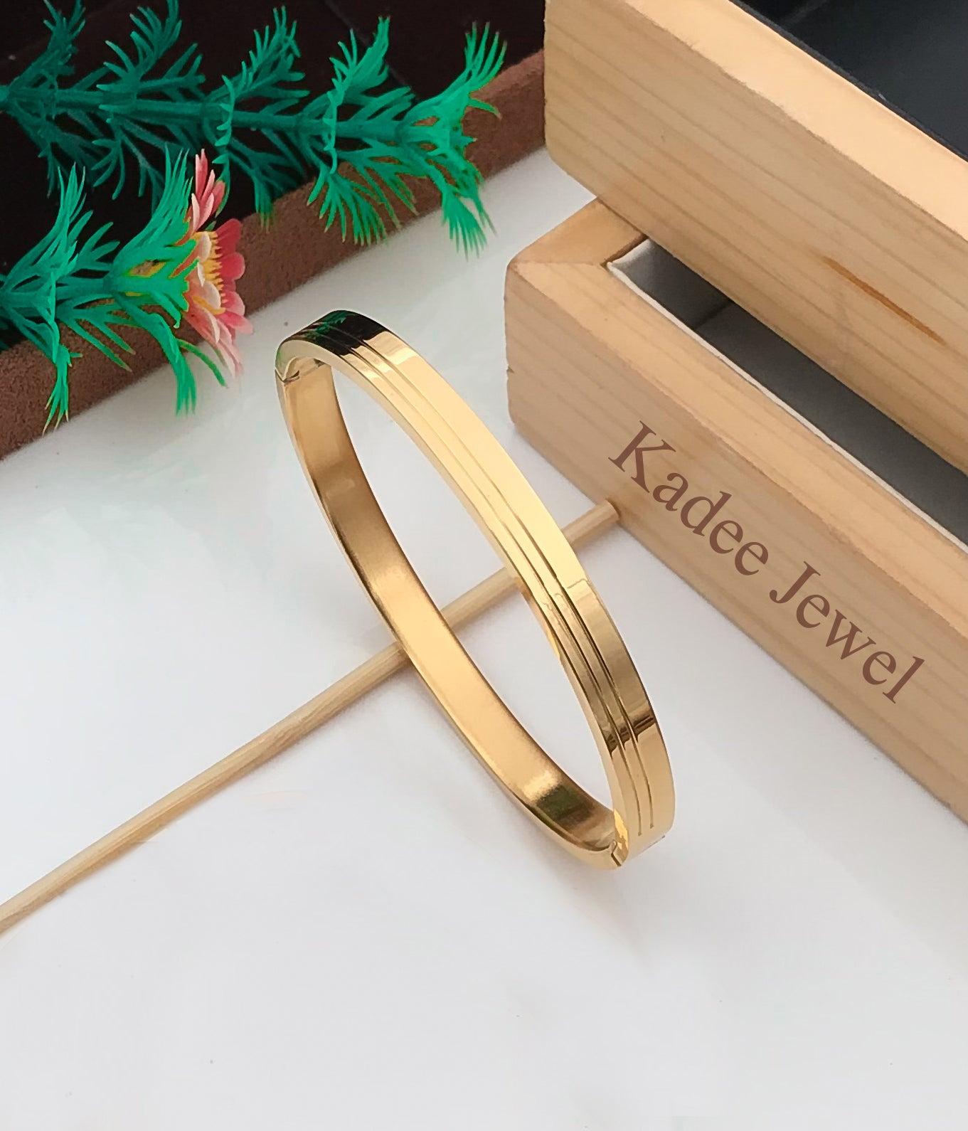 Two Line Pattern  Men's Gold Kada Bracelet - Kadee Jewels