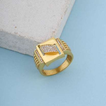 Modern Matte Finish Diamond Design Men's Finger Ring with Gold Plated Brass